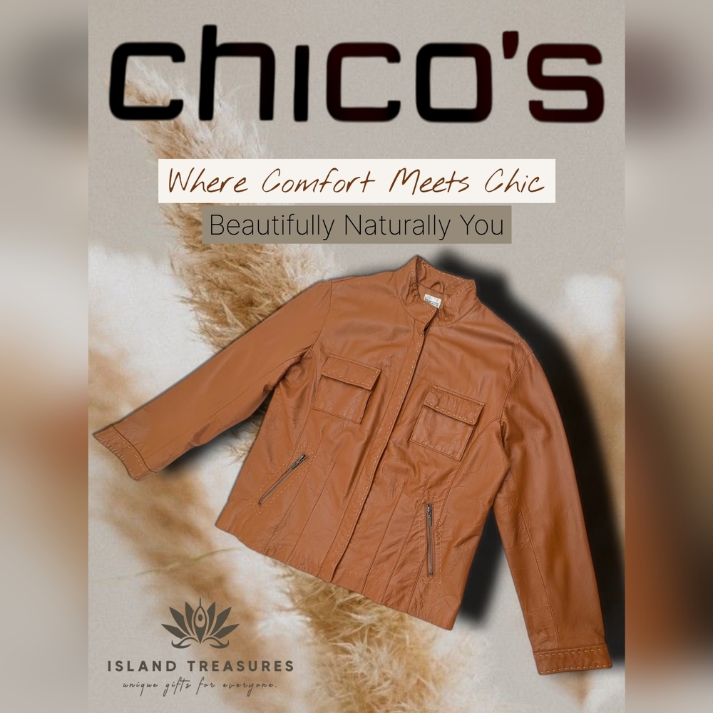 Chico’s Genuine Leather Bomber Jacket W Sz 2 Four  Zip&Flap Pockets Camel Brown